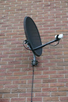 Black Satellite Dish with White LNB on Brick Wall