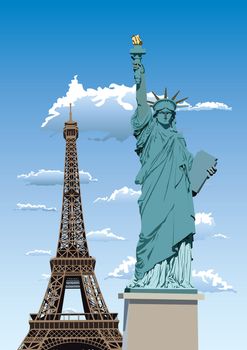Vector illustration of Statue of Liberty in Paris and Eiffel tower against blue sky with white clouds