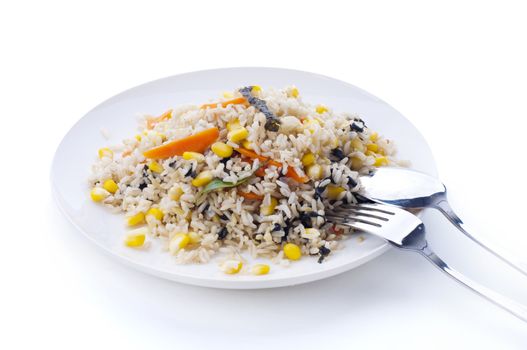 Delicious Vegetarian Fried Rice, containing carrot, corn, seaweed, and basil.