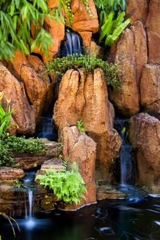 Japanese garden waterfalls, slow shutter. 

