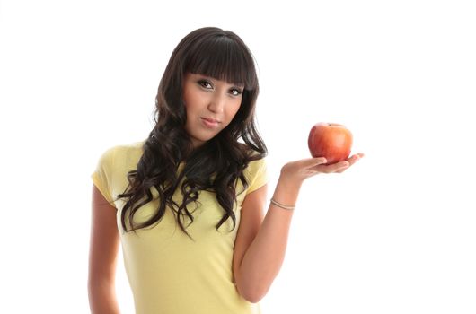 Healthy young woman holding a delicious red apple.  White background.  space for copy.