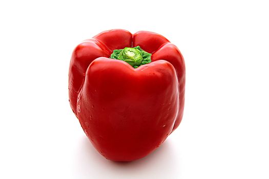 One red sweet pepper on a white background.
