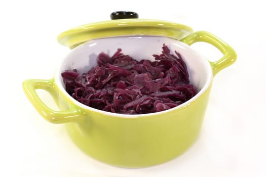 A pot filled with boiled red cabbage