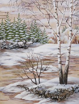 Picture, winter natural landscape. hand-draw, distemper on a birch bark