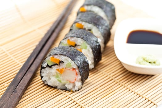 close up Sushi Roll with soy sauce.