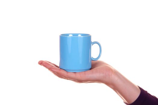 hand with mug isolated on white background                               