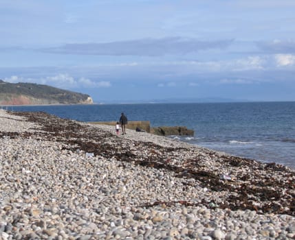 A walk on a pebble beach in South Devon in England