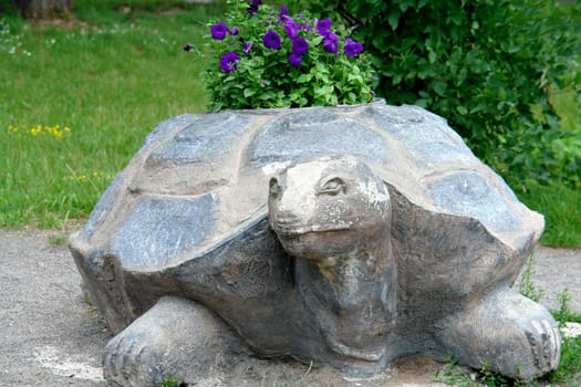 stone flowerbed in park in form of the turtle                               