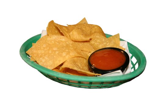 Isolated Tortilla Chips and Spicy Tomato Dip in Green Plastic Basket