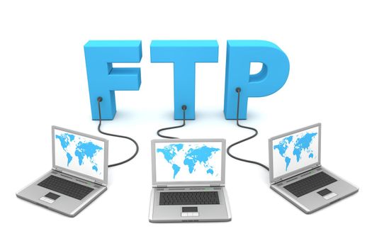 three laptops with worldmap connected to the 3D word FTP