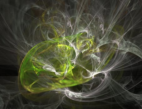 Bright Green and Silver Abstract Shape on Black Background