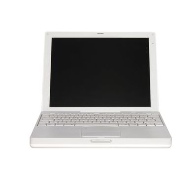 White laptop, with black screen, over white
