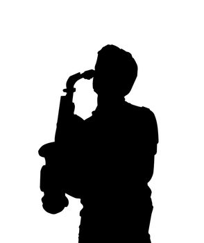 Silhouette of a sax player over white background
