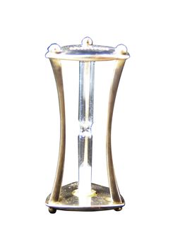 A metal hourglass with white sands over white background