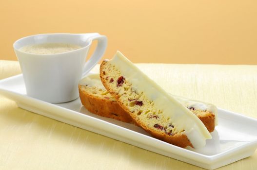 Delicious cranberry and white chocolate biscotti and espresso.