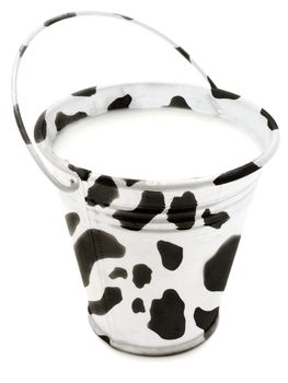 milk bucket with cow skin painted over the white background