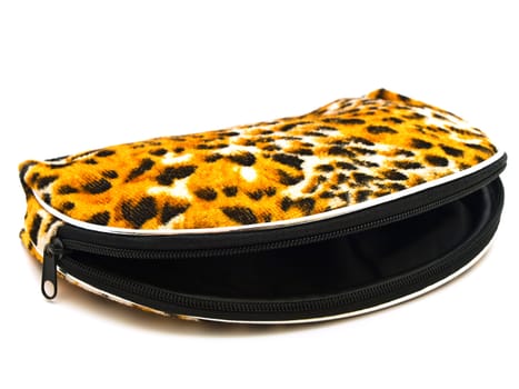 decorative purse with zipper in wild leopard design against the white background