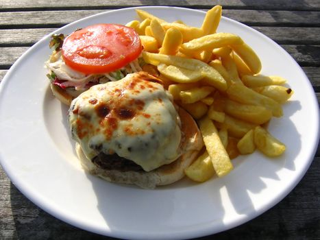 Steak Burger and Chips Al Fresco