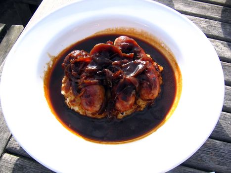 Sausages and Celeriac Mash with Onion Gravy Al Fresco