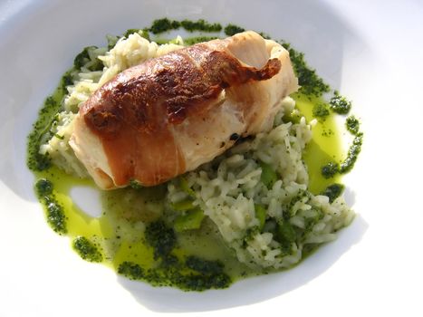 Monkfish Wrapped in Palma Ham on a Bed of Mint Risotto Al Fresco