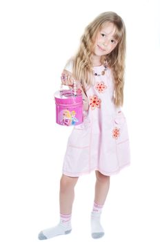 Shot of little girl playing bag  in studio