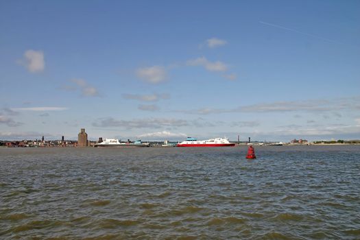 Cargo Ferry Ships on the River Mersey in Liverpool England UK