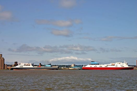 Cargo Ferry Ships on the River Mersey in Liverpool England UK