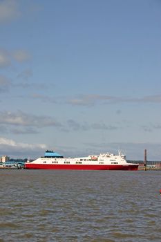 Cargo Ferry Ship on the River Mersey in Liverpool England UK
