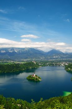 Panoramic View of  St. Mary´s Church of the Assumptionon on the small island in Bled, Slovenia.