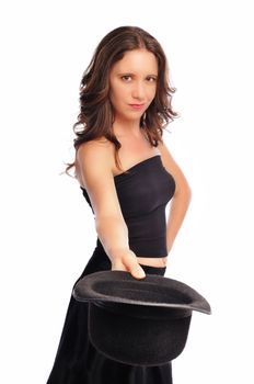 attractive young woman with a top hat on a white background