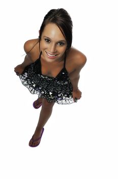 an attractive young woman wearing a bikini set on a white background