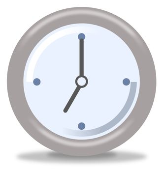 Silver and blue clock on white background showing seven