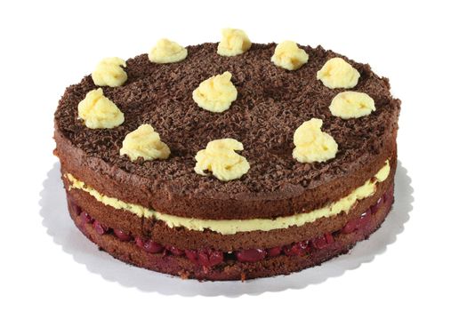 Chocolate cake with cherries and vanilla custard