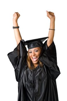 A recent graduate posing in her cap and gown isolated over white. Clipping path included.