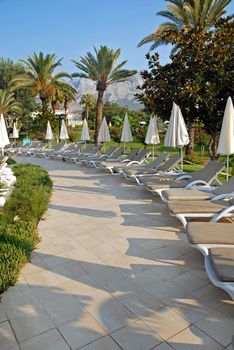 empty chairs in resort Kemer in Turkey by palms outdoor