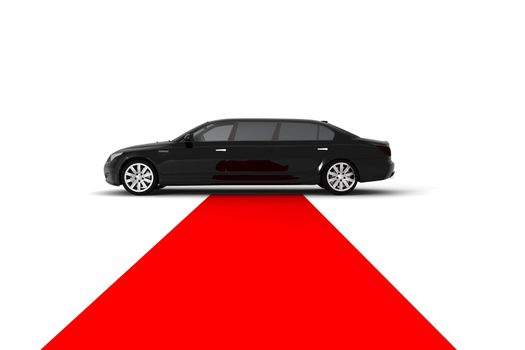 A black limousine with a red carpet