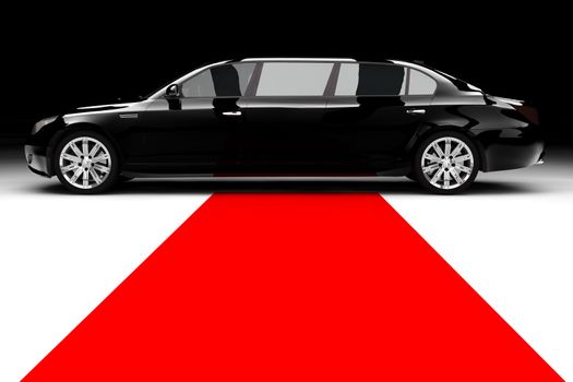A black limousine with a red carpet