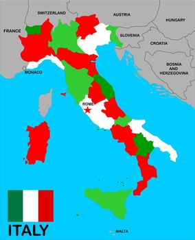 Italy map and flag over white background.