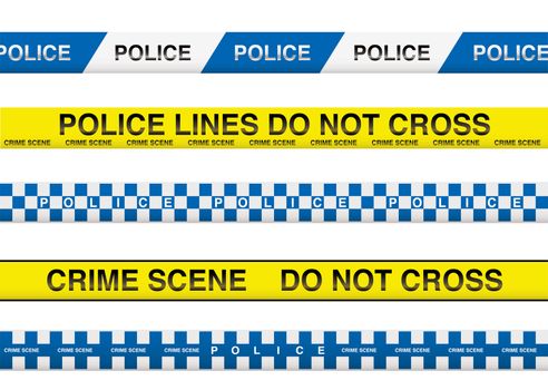 collection of five police tape with crime scene information