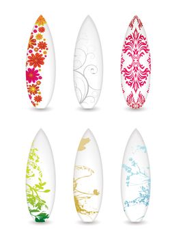 collection of six surfboards with abstract patterns and shadow