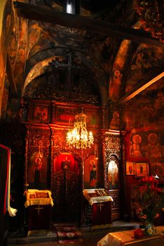 interior of small old orthodox church in Gornjak Monstery, Serbia