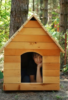 caucasian boy in small wooden dog house outdoor