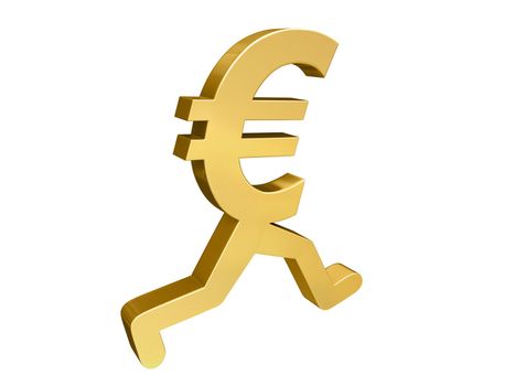 A gold Euro symbol with legs running past the viewer.