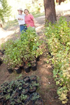 Attractive Senior Couple Overlooking Potted Plants at the Nursery.