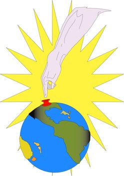 A hand reaches down from above to press a red button on the world.  Illustration with yellow starburst pattern in background.