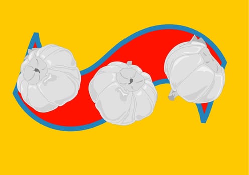 Three garlic bulbs over a red banner on a yellow background. Hand drawn illustration.