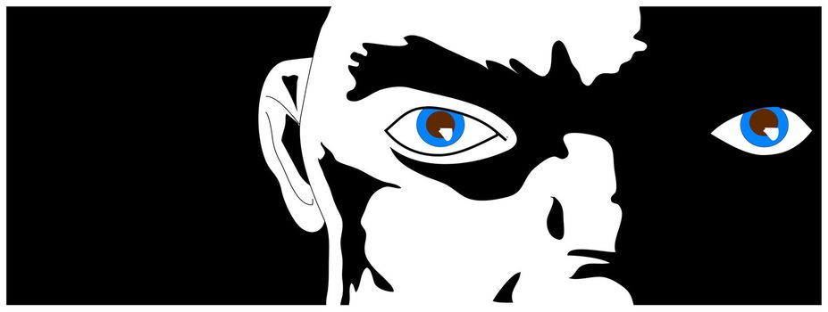 A face in partial darkness, blue eyes glinting from the shadows. Hand drawn illustration.