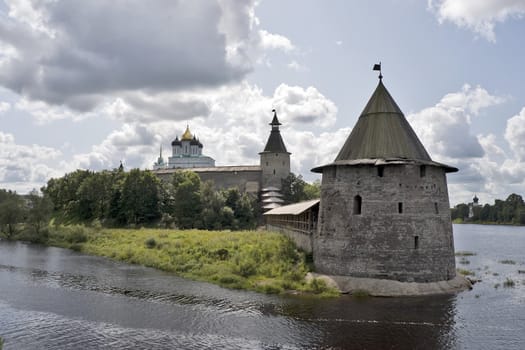 Ancient Pskov land with fortress in rivers crossing