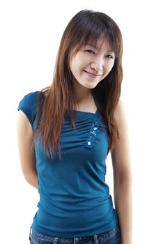 Beautiful young Asian woman smiling on white background