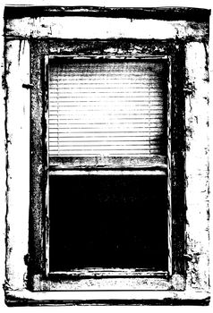 Black and white illustration of a window with weathered frame and blinds half way pulled down.